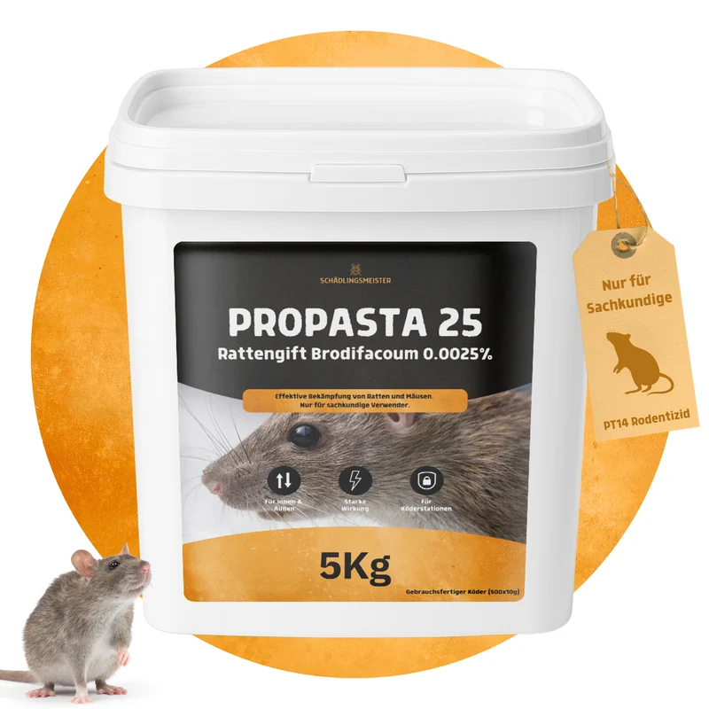 Propasta 25 – 5 Kg – Profi Rattengift mit Brodifacoum 0.0025 % – Köderpaste (500x10 g) – Nur für sachkundige Verwender