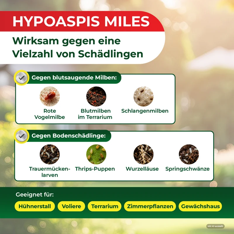 Raubmilben Hypoaspis miles gegen die rote Vogelmilbe, Thripse & Trauermücken