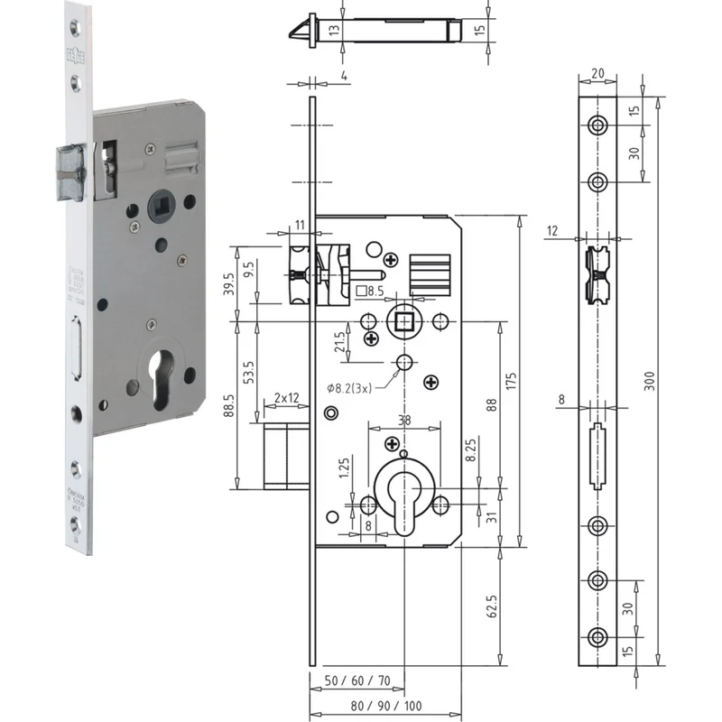 Haustürschloss Serie 127.WZ Dekorsilber
