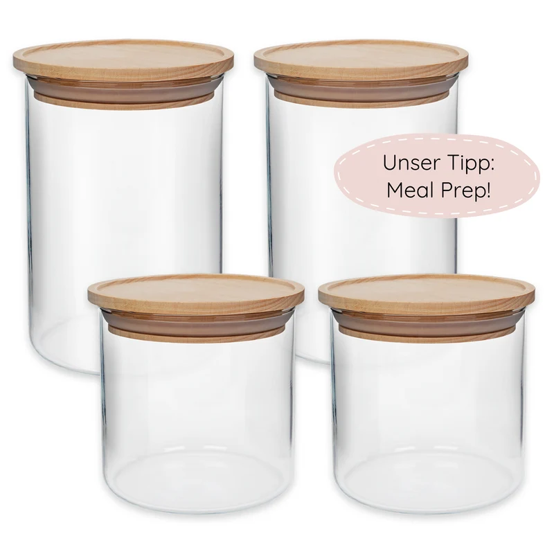 Vorratsgläser Set, 4 Gläser mit Holzdeckel, stapelbar, ideal für Meal Prep