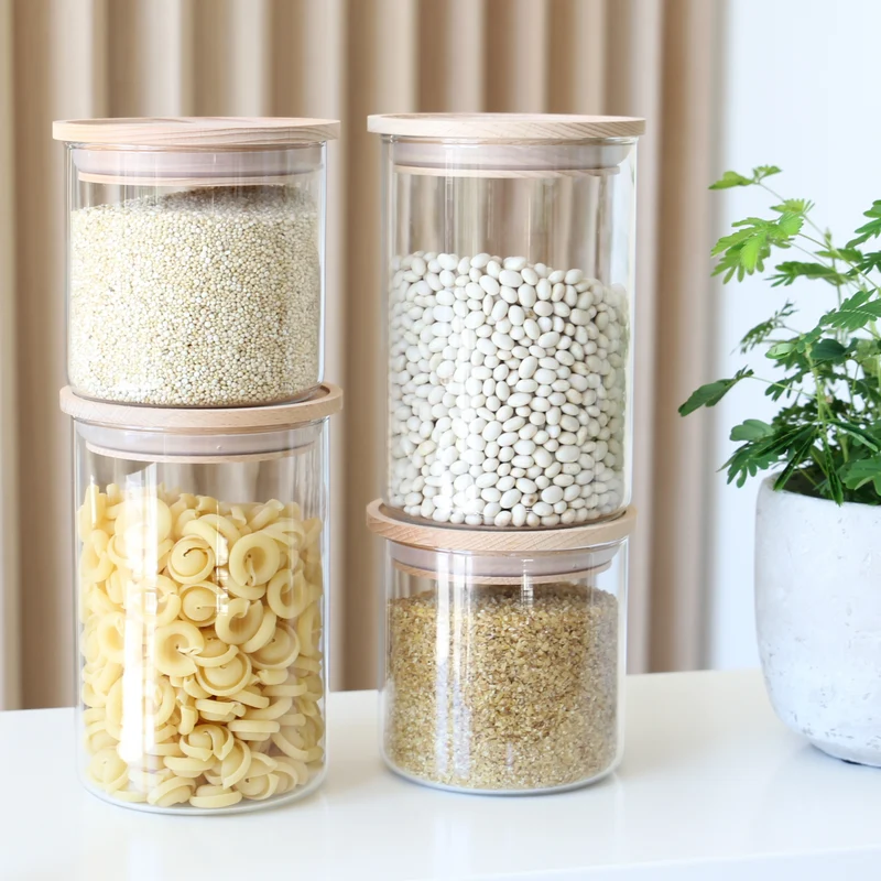 Vorratsgläser Set, 4 Gläser mit Holzdeckel, stapelbar, ideal für Meal Prep