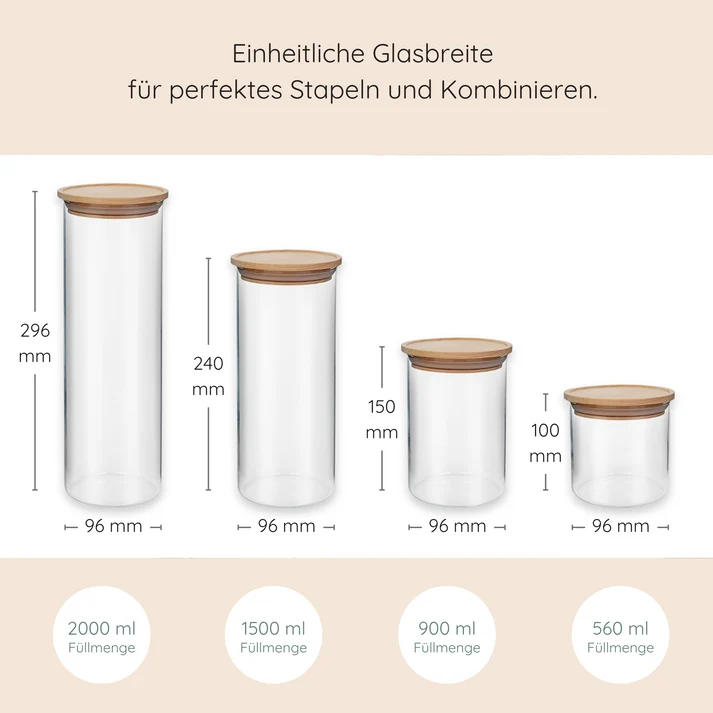 Vorratsgläser Set, 4 Gläser mit Holzdeckel, stapelbar, ideal für Meal Prep