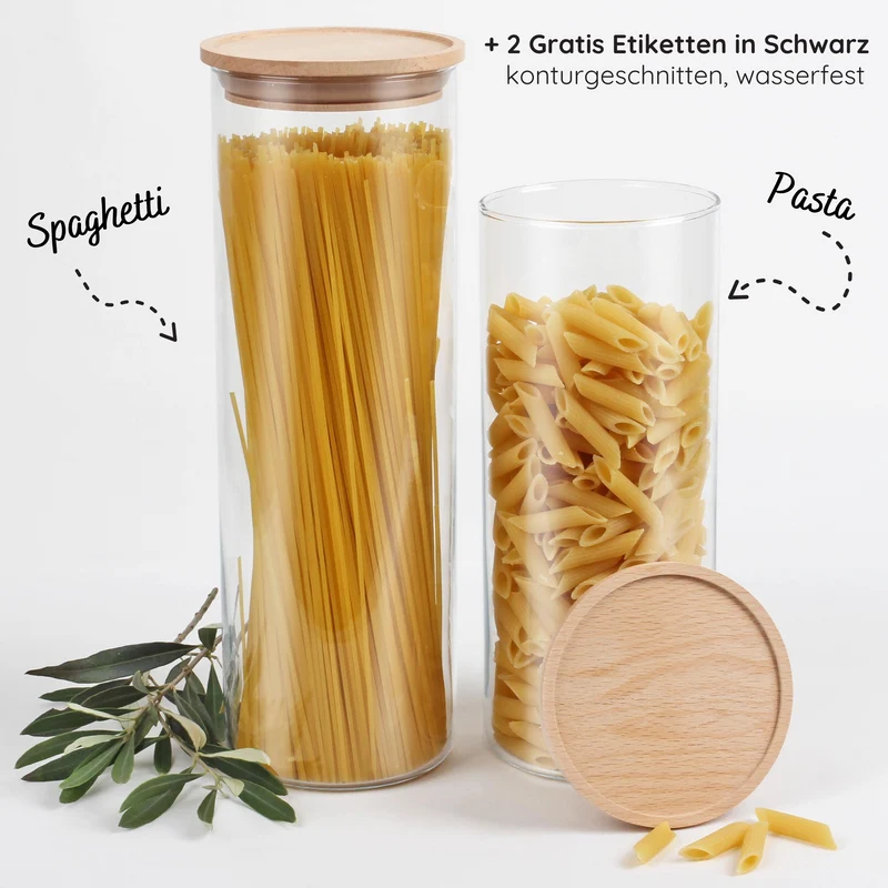 Vorratsgläser Set - Pasta Duo -, mit Holzdeckel, stapelbar, 1500 & 2000 ml