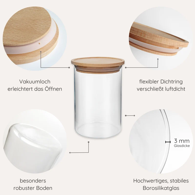 Vorratsgläser Starter-Set, 6 Gläser mit Holzdeckel, stapelbar