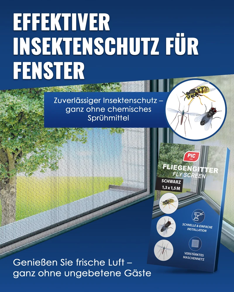 PIC Fliegengitter 130x150 cm Schwarz 3er Set – ohne Bohren, Mückenschutz | Ohne Bohren, waschbar und wiederverwendbar, Mückenschutz gegen Mücken und Fliegen