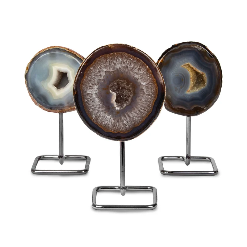 Natural Agate Geode on Metal Base | Brazilian Mineral Display Piece
