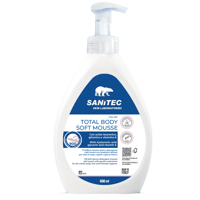 Mousse detergente corpo e capelli Sanitec Total Body Soft Mousse 6x600 ml DISPONIBILE IN 7 GIORNI LAVORATIVI