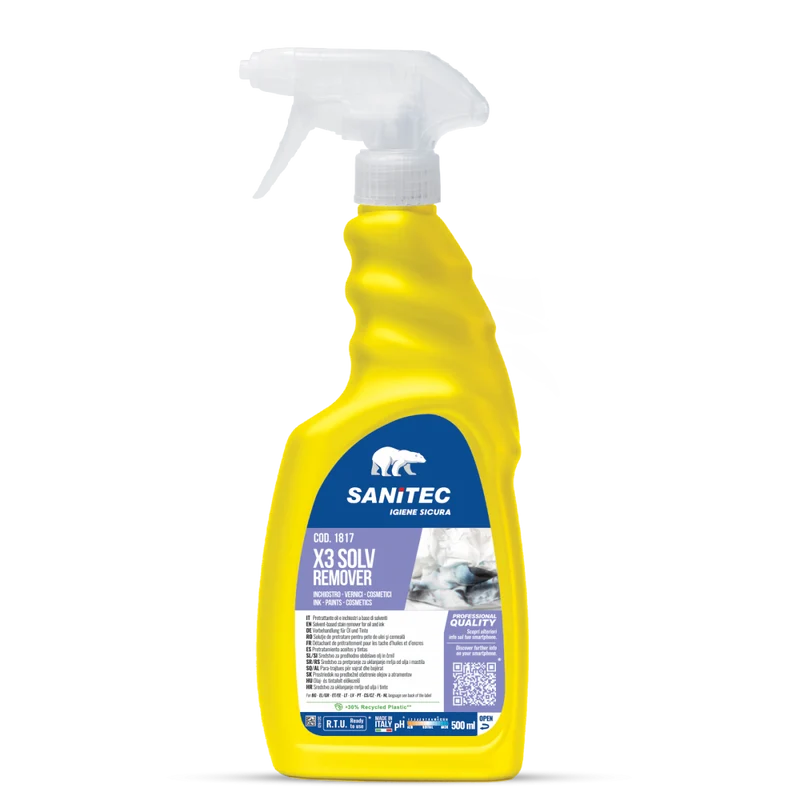 Pretrattante solvente per macchie di olio e inchiostro Sanitec X3 Solv Remover 500 ml DISPONIBILE IN 7 GIORNI LAVORATIVI