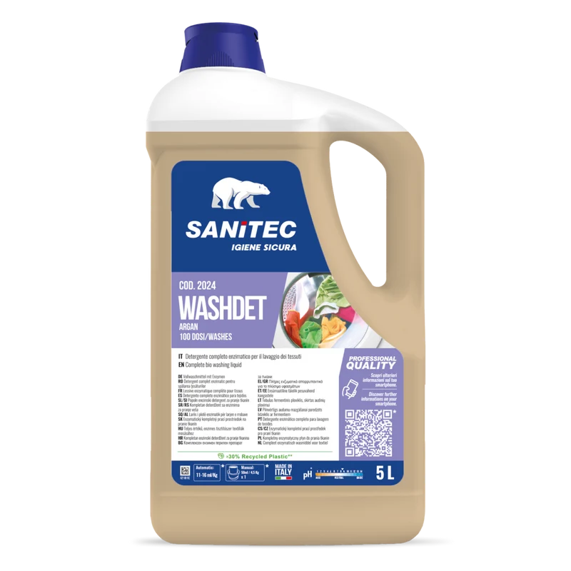 Detergente enzimatico per bucato Sanitec Washdet Argan 5 litri DISPONIBILE IN 7 GIORNI LAVORATIVI