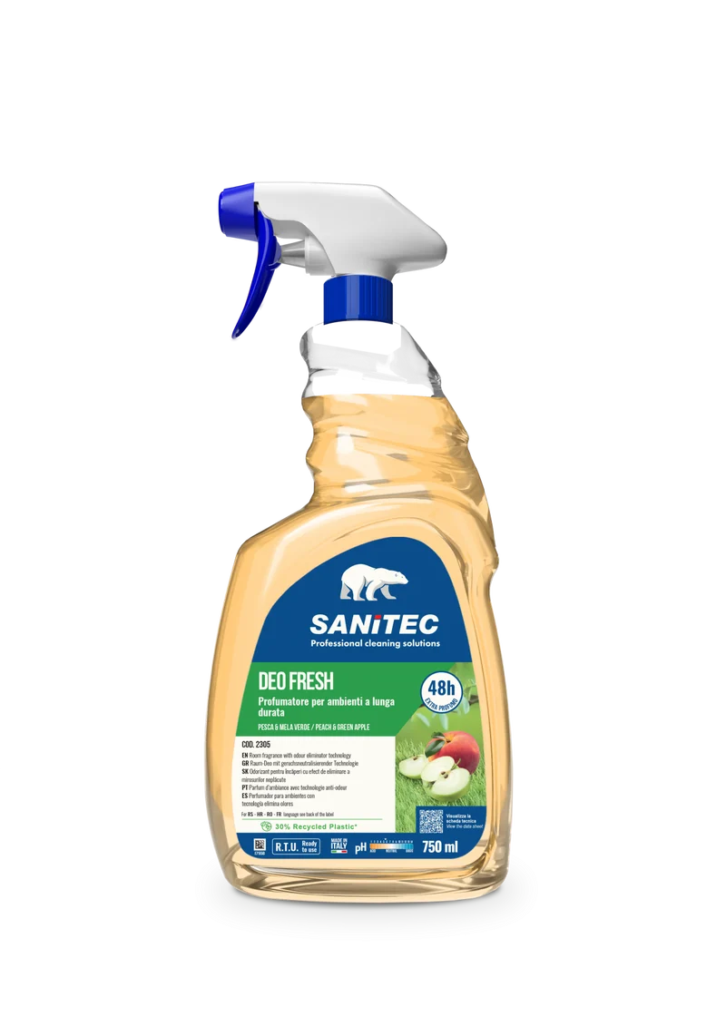 Profumatore per ambienti a lunga durata Sanitec Deo Fresh Pesca & Mela Verde 750 ml DISPONIBILE IN 7 GIORNI LAVORATIVI