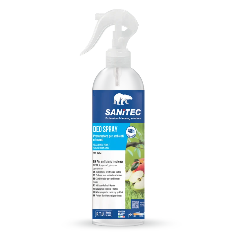 Profumatore spray per ambienti e tessuti Sanitec Deo Spray Pesca & Mela Verde 12x300 ml DISPONIBILE IN 7 GIORNI LAVORATIVI