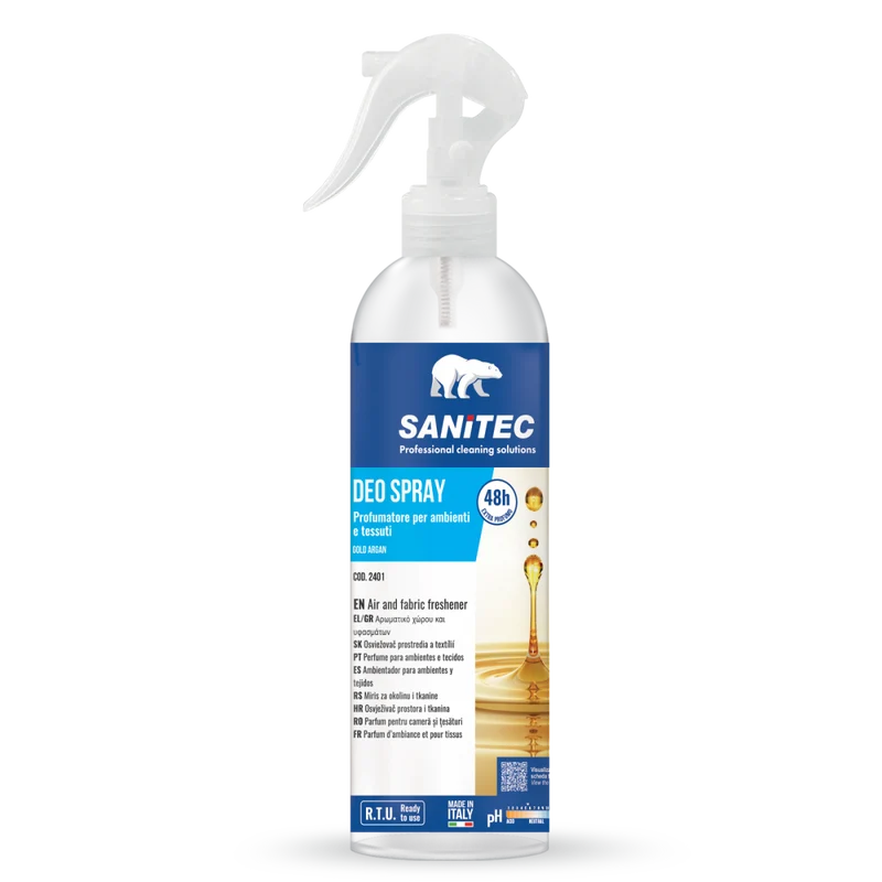 Profumatore spray per ambienti e tessuti Sanitec Deo Spray Gold Argan 12x300 ml DISPONIBILE IN 7 GIORNI LAVORATIVI
