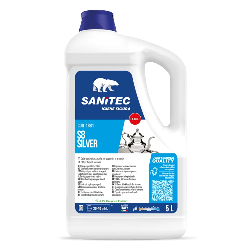 Detergente disossidante per argento Sanitec S8 Silver 5 litri DISPONIBILE IN 7 GIORNI LAVORATIVI