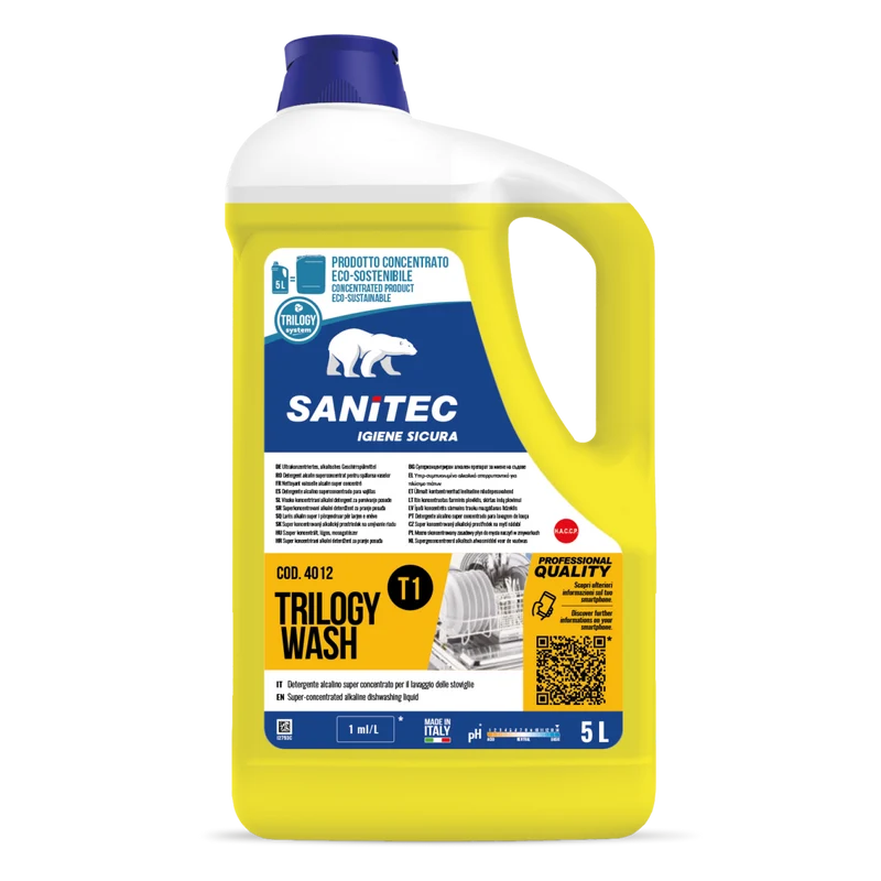 Detergente alcalino concentrato per lavastoviglie Sanitec Trilogy Wash T1 2x5 litri DISPONIBILE IN 7 GIORNI LAVORATIVI