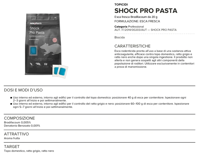 Esca rodenticida derattizzante per topi e ratti Shock Pro Pasta 1,5 kg