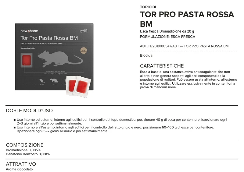 Esca rodenticida derattizzante per topi e ratti Tor Pro Pasta Rossa 1,5 kg