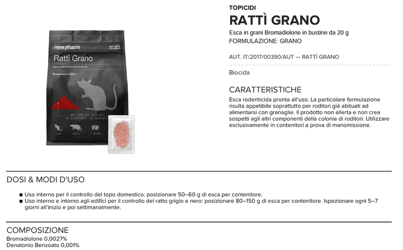 Esca rodenticida derattizzante per topi e ratti Rattì Grano 140 gr