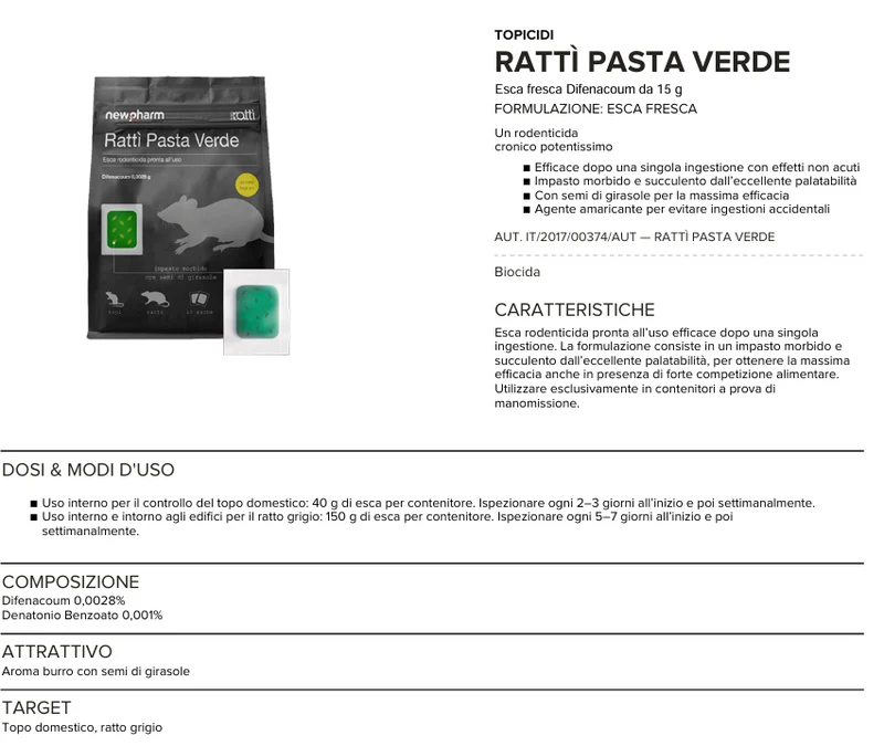 Esca rodenticida derattizzante per topi e ratti Ratti Pasta Verde 150 gr