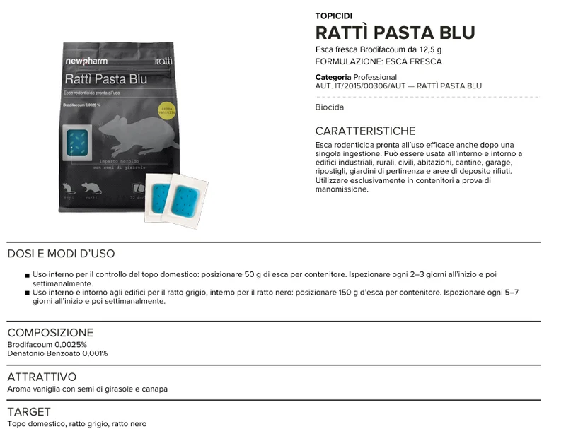 Esca rodenticida derattizzante per topi e ratti Ratti Pasta Blu 150 gr