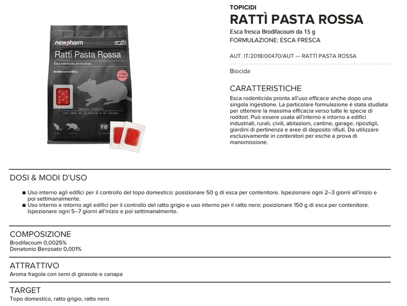 Esca rodenticida derattizzante per topi e ratti Ratti Pasta Rossa 150 gr